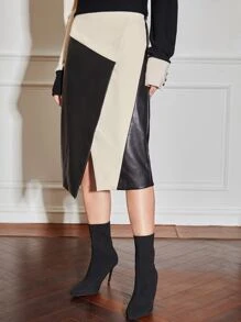 MOTF PREMIUM PU皮革雙色半身裙 - 黑色 - 查看 2