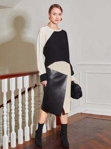 MOTF PREMIUM PU皮革雙色半身裙 - 黑色 - 查看 4