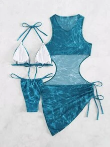 Swim Vcay 夏季海灘圖形印花頸帶三角比基尼套裝，附帶遮陽罩衣 - 彩色 - 查看 5