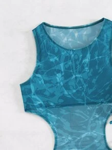 Swim Vcay 夏季海灘圖形印花頸帶三角比基尼套裝，附帶遮陽罩衣 - 彩色 - 查看 4