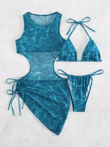 Swim Vcay 夏季海灘圖形印花頸帶三角比基尼套裝，附帶遮陽罩衣 - 彩色 - 查看 8