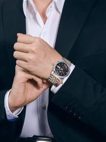 男士圓形指針日曆機械手表 - 黑色 - 查看 4