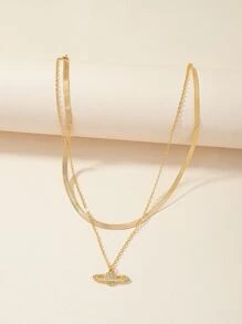 Rhinestone Planet Charm Layered Necklace - Yellow Gold - View 2