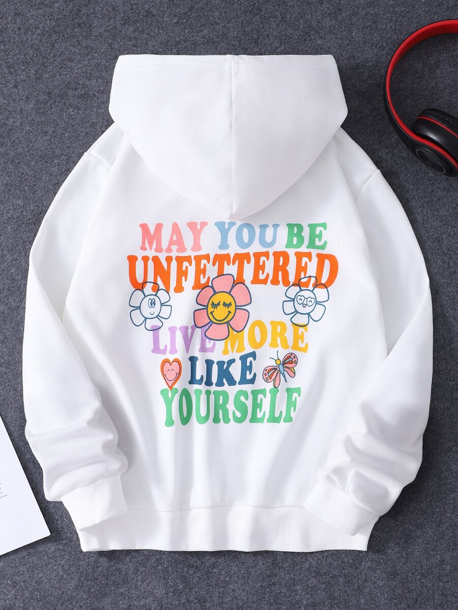 Girls Floral & Slogan Graphic Hoodie - White - View 1