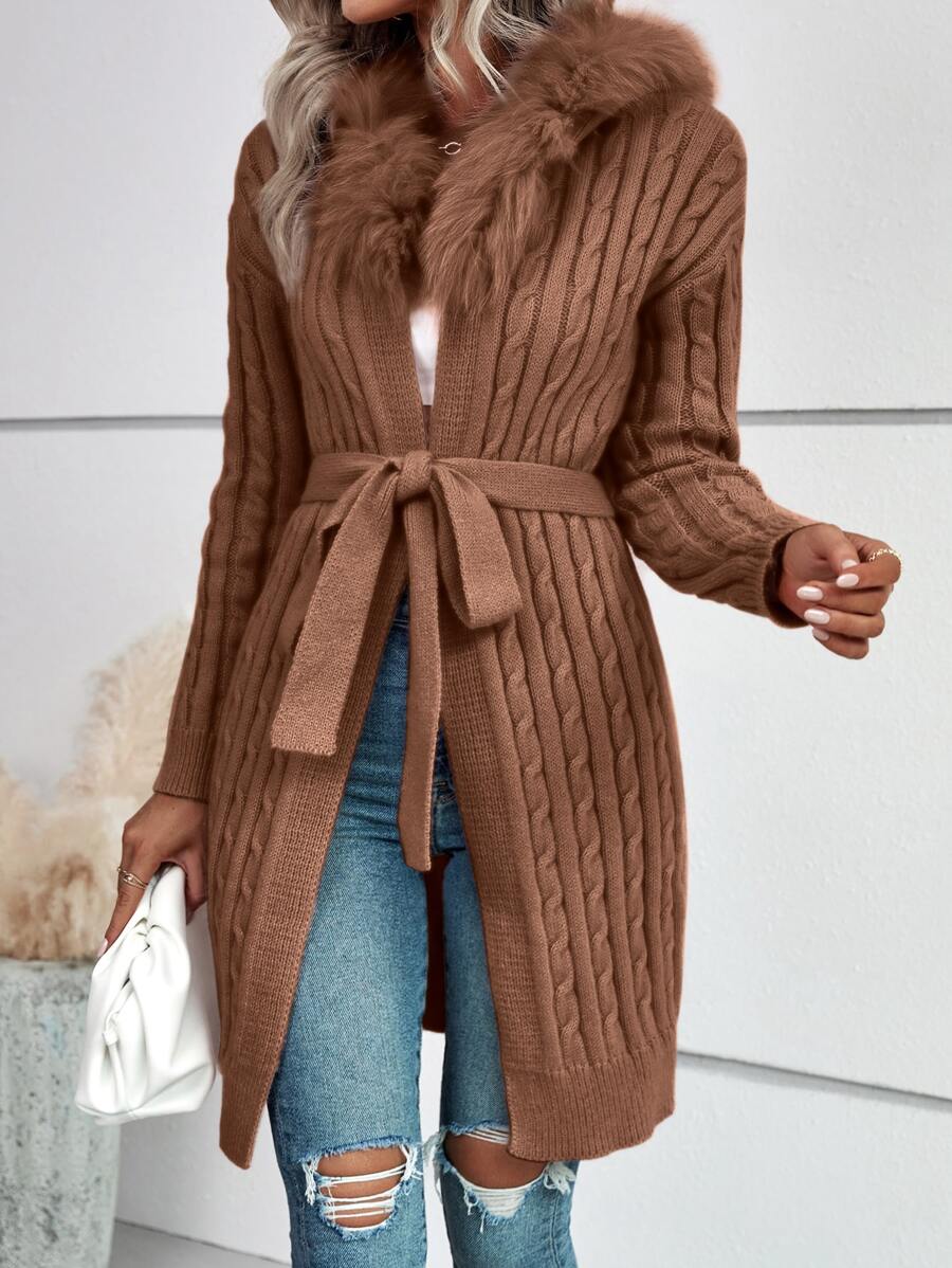 SHEIN LUNE Fuzzy Trim Cable Knit Belted Hooded Cardigan - Coffee Brown - View 1