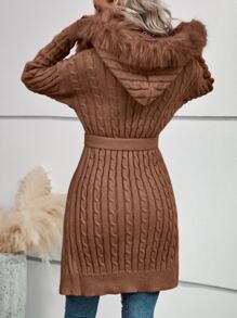 SHEIN LUNE Fuzzy Trim Cable Knit Belted Hooded Cardigan - Coffee Brown - View 2