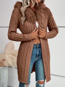 SHEIN LUNE Fuzzy Trim Cable Knit Belted Hooded Cardigan - Coffee Brown - View 5