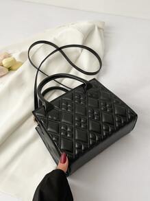 Argyle Quilted Double Handle Square Bag - Black - View 1