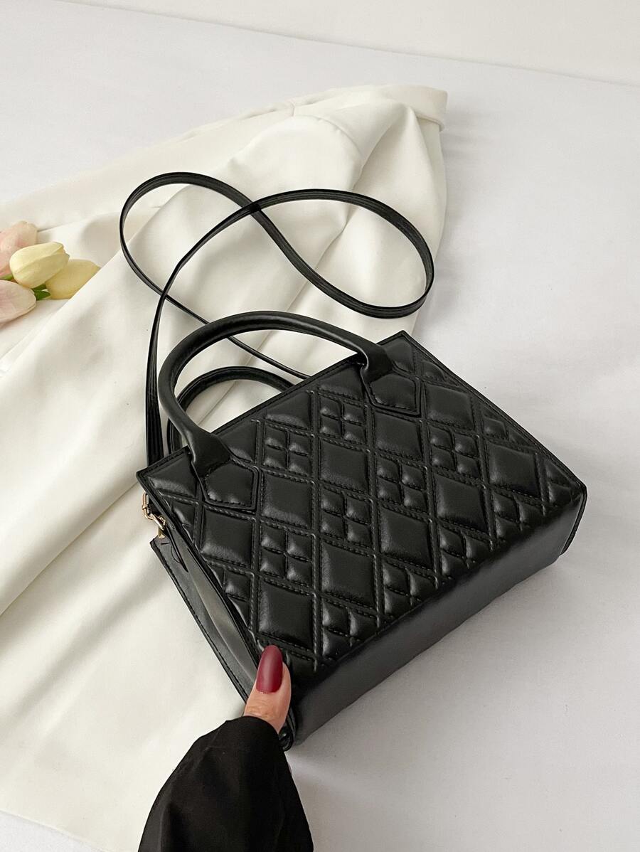 Argyle Quilted Double Handle Square Bag - Black - View 1