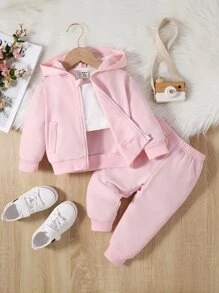 SHEIN Vintaside Kids Baby Solid Zip Up Hoodie & Joggers & Tank Top - Baby Pink - View 1