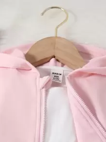 SHEIN Vintaside Kids Baby Solid Zip Up Hoodie & Joggers & Tank Top - Baby Pink - View 5