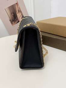 輕便便攜休閒時尚迷你扭鎖絎縫翻蓋鏈條方包，菱形壓花單肩包，女式人造革翻蓋斜挎包帶鏈條肩帶適合女孩、女士、大學生、新秀和白領秋季、冬季必備工作、辦公室、通勤、秋冬、戶外 - 黑色 - 查看 4