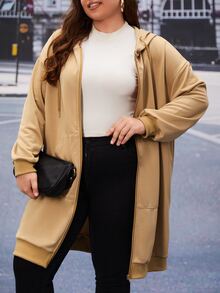 Mulvari Áo nỉ dáng rộng vai rớt, khóa kéo, dây rút - Màu Khaki - Xem 3