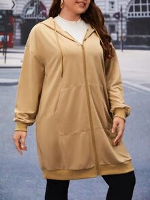 Mulvari Áo nỉ dáng rộng vai rớt, khóa kéo, dây rút - Màu Khaki - Xem 4