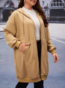 Mulvari Áo nỉ dáng rộng vai rớt, khóa kéo, dây rút - Màu Khaki - Xem 5