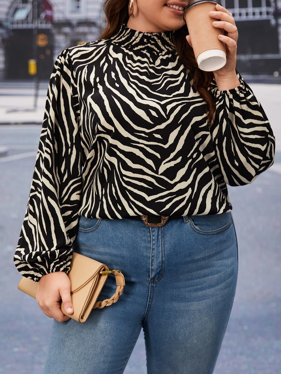 SHEIN Privé Plus Zebra Striped Lantern Sleeve Mock Neck Blouse - Multicolor - View 1