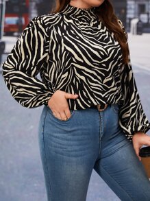 SHEIN Privé Plus Zebra Striped Lantern Sleeve Mock Neck Blouse - Multicolor - View 4