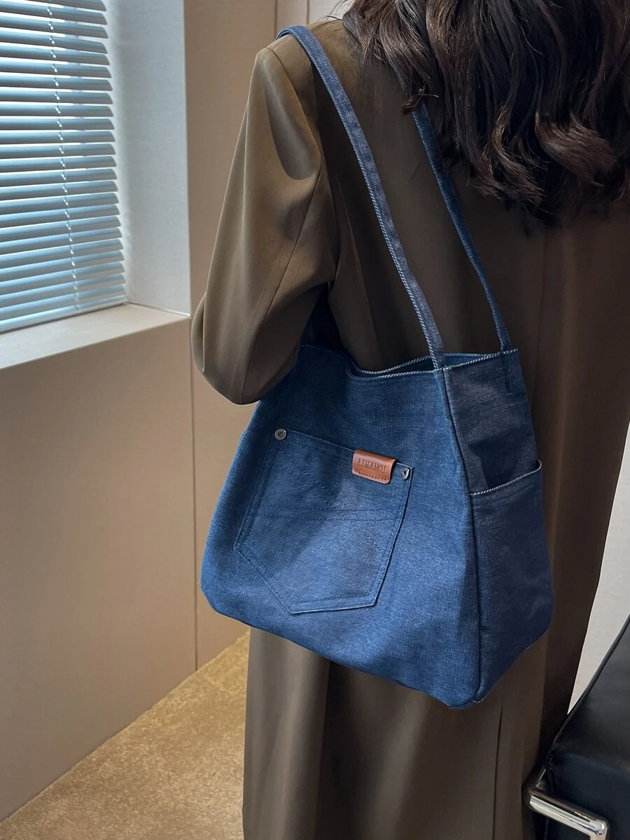 Bolso tote de hombro con decoración de parche de letras, bolso escolar para graduados, adolescentes, estudiantes de primer año, estudiantes de segundo año, junior y senior en la universidad, la universidad y la escuela secundaria, perfecto para actividades al aire libre, viajes y regreso a la escuela - Azul - Ver 1