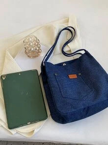 Bolso tote de hombro con decoración de parche de letras, bolso escolar para graduados, adolescentes, estudiantes de primer año, estudiantes de segundo año, junior y senior en la universidad, la universidad y la escuela secundaria, perfecto para actividades al aire libre, viajes y regreso a la escuela - Azul - Ver 4