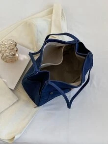 Bolso tote de hombro con decoración de parche de letras, bolso escolar para graduados, adolescentes, estudiantes de primer año, estudiantes de segundo año, junior y senior en la universidad, la universidad y la escuela secundaria, perfecto para actividades al aire libre, viajes y regreso a la escuela - Azul - Ver 5