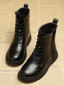 Girls' Side Zipper Front Tie Boots In Black, For Children