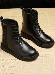 Girls' Side Zipper Front Tie Boots In Black, For Children