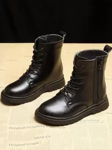 Girls' Side Zipper Front Tie Boots In Black, For Children