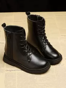 Girls' Side Zipper Front Tie Boots In Black, For Children