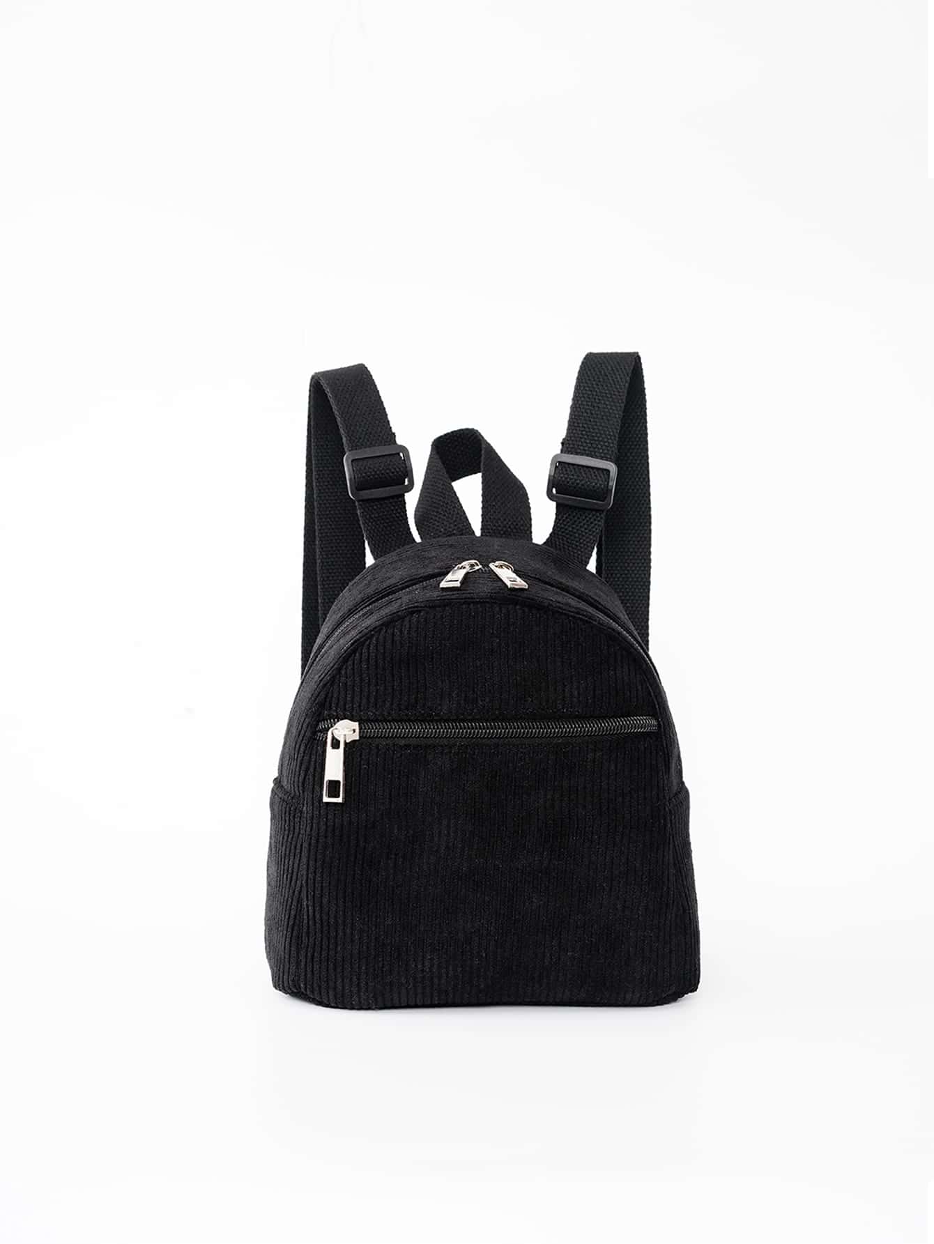 1 pieza Mochila infantil de pana de unicolor y linda, adecuada para niñas, estudiantes de primaria, escuela, viajes y vacaciones, regalo para fiestas - Negro - Ver 1