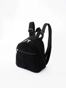 1 pieza Mochila infantil de pana de unicolor y linda, adecuada para niñas, estudiantes de primaria, escuela, viajes y vacaciones, regalo para fiestas - Negro - Ver 4