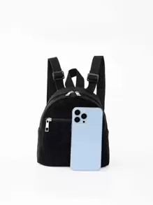 1 pieza Mochila infantil de pana de unicolor y linda, adecuada para niñas, estudiantes de primaria, escuela, viajes y vacaciones, regalo para fiestas - Negro - Ver 5