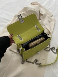 扭鎖衍縫翻蓋鏈條方包 - 綠色 - 查看 6