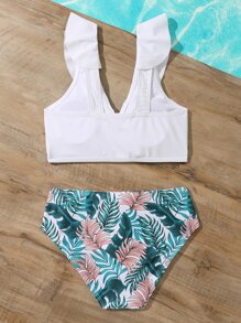 Conjunto de bikini con estampado tropical y volantes para niña preadolescente, ideal para playa de verano - Multicolor - Ver 2
