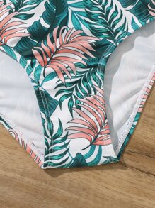 Conjunto de bikini con estampado tropical y volantes para niña preadolescente, ideal para playa de verano - Multicolor - Ver 4