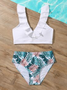 Conjunto de bikini con estampado tropical y volantes para niña preadolescente, ideal para playa de verano - Multicolor - Ver 5