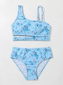 Tween Girl Butterfly Print Asymmetrical Neck Cut Out Bikini Set Summer Beach - Blue - View 5
