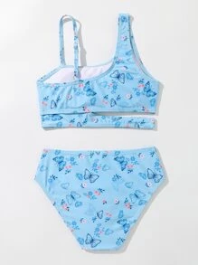 Tween Girl Butterfly Print Asymmetrical Neck Cut Out Bikini Set Summer Beach - Blue - View 2