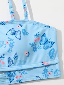 Tween Girl Butterfly Print Asymmetrical Neck Cut Out Bikini Set Summer Beach - Blue - View 3