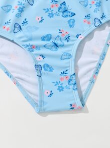 Tween Girl Butterfly Print Asymmetrical Neck Cut Out Bikini Set Summer Beach - Blue - View 4