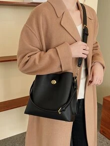 Litchi Embossed Twist Lock Shoulder Bag - Black - View 3