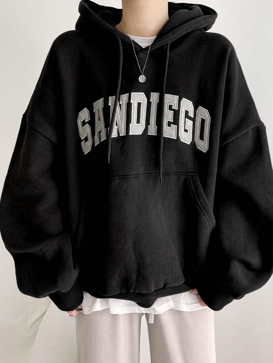 DAZY Letter Graphic Big Pocket Drop Shoulder Drawstring Hoodie Without Tee,Long Sleeve Tops,Fall Women Clothes Sweatshirt - Black - View 1