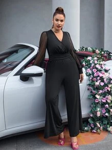SHEIN SXY Plus Surplice Neck Contrast Mesh Sleeve Wide Leg Jumpsuit - Black - View 1