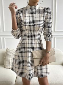 Chiquease Plaid Print Puff Sleeve Pleated Detail Mock Neck Dress - Apricot - View 1