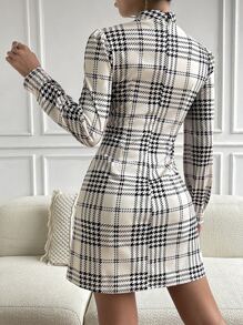 Chiquease Plaid Print Puff Sleeve Pleated Detail Mock Neck Dress - Apricot - View 2