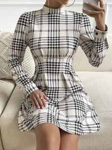 Chiquease Plaid Print Puff Sleeve Pleated Detail Mock Neck Dress - Apricot - View 4