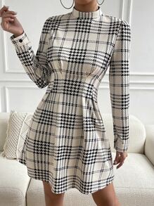 Chiquease Plaid Print Puff Sleeve Pleated Detail Mock Neck Dress - Apricot - View 6