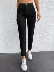 Cloudara High Waist Zipper Fly Tapered Jeans - Black - View 1