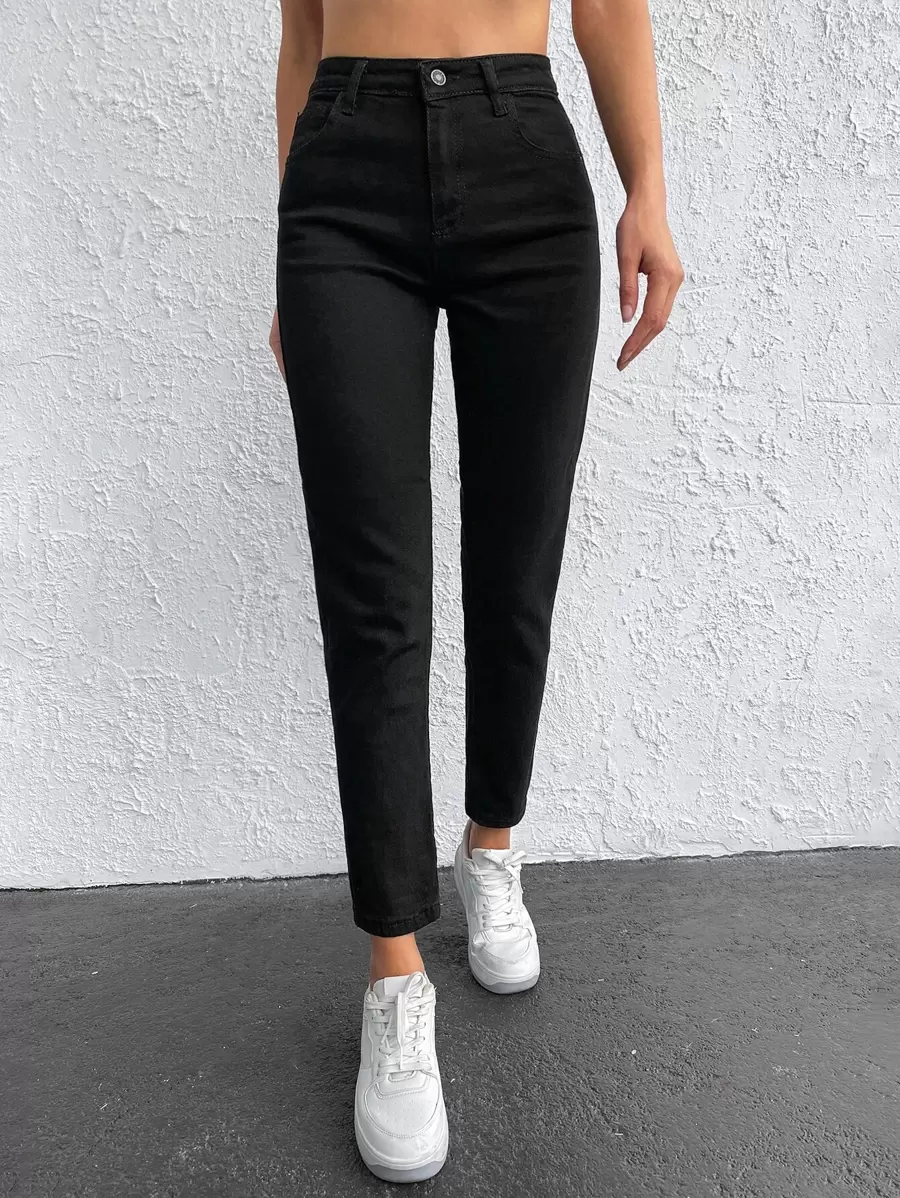 Cloudara High Waist Zipper Fly Tapered Jeans - Black - View 1