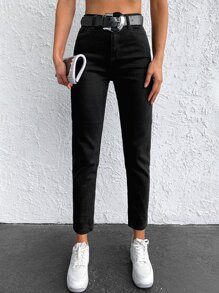 Cloudara High Waist Zipper Fly Tapered Jeans - Black - View 3