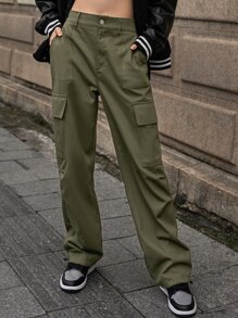 SHEIN Pantalones cargo unicolor con bolsillo oblicuo - Verde militar - Ver 1